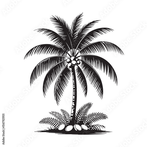 Silhouette of a palm tree with coconuts, isolated on white background