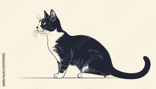 Elegant black and white illustration of a sitting tuxedo cat in profile on beige background, symbolizing grace and curiosity