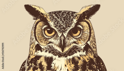 Detailed vintage illustration of a great horned owl with intense gaze and textured feathers on beige background, symbolizing wisdom and mystery