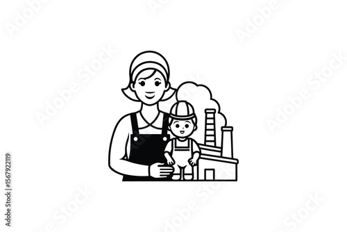 Mother and Son with Factory A Symbol of Industrial Heritage and Family Values