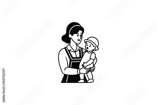 Monochrome Illustration of a Mother Holding Her Baby with Love and Care