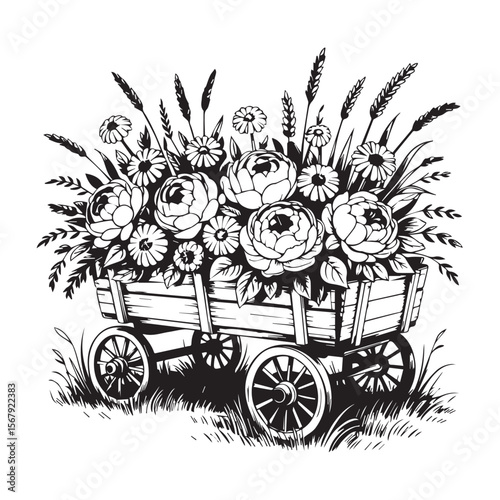 A rustic wooden wagon overflowing with a vibrant bouquet of wildflowers and wheat stalks, isolated on white background