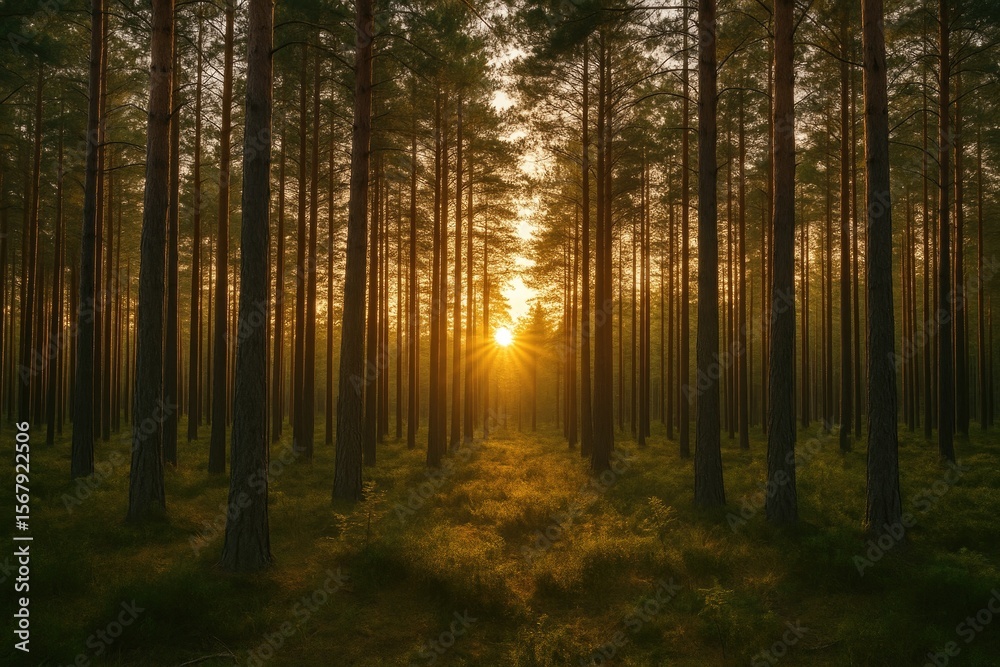 Obraz premium Sunlight filtering through a dense pine forest
