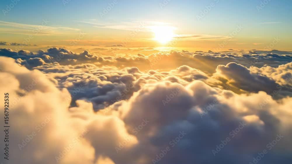 Aerial footage of Sun bursts with golden light above soft cloud formations stretching over vast blue expanse.