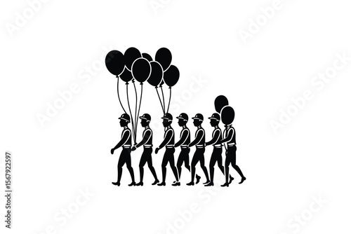 Silhouette of marching people holding balloons in a line vector illustration