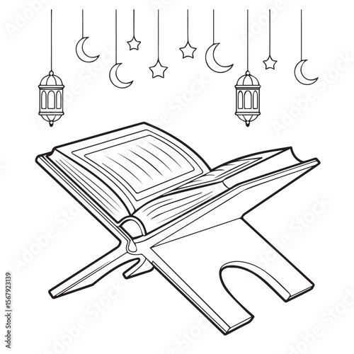 An open book rests on a stand, adorned with hanging moons and stars, and lanterns, isolated on white background