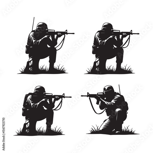 Four Black Silhouettes of Soldiers Kneeling in Grass Aiming Rifles military army