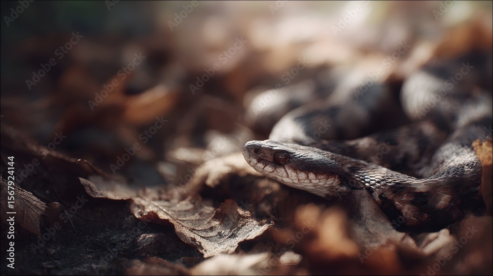 Fototapeta premium Camouflaged snake coiled on forest floor
