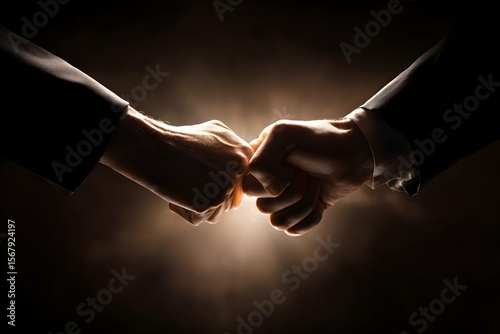 Hands linked together, symbolizing partnership and power in a sleek, lit-up studio scene.
