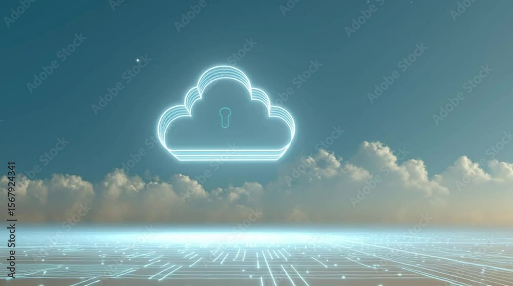Yoga meditation on the beach with a cloud computing icon illustration, symbolizing connection and information