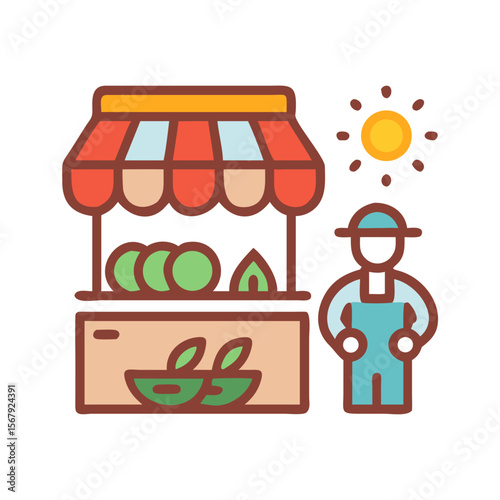 Farmer standing beside a colorful fruit stall under the sun showcasing fresh watermelons
