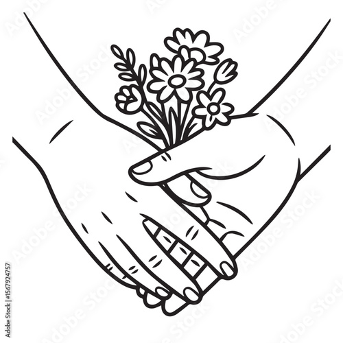Closeup of two hands gently holding a small flower bouquet, isolated on white background