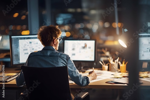 Focused professional working efficiently at a modern, well-lit digital workspace.