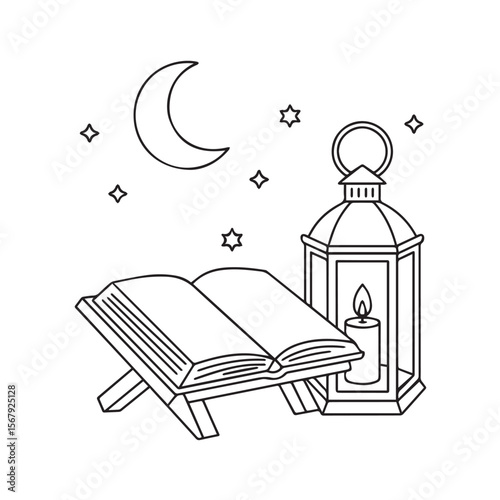 An open book rests on a stand with a lit lantern and crescent moon in the background