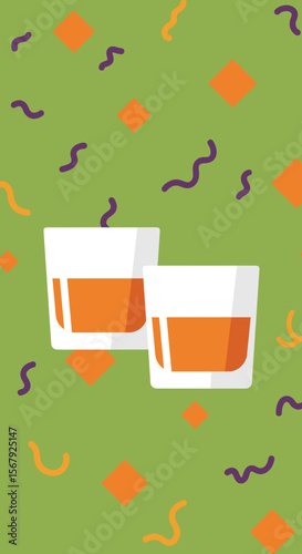 Two whiskey glasses on a green background with colorful shapes and swirls, lively design, copy space
