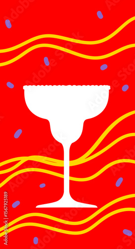 White margarita glass on a red background with colorful swirls and dots, festive design, copy space