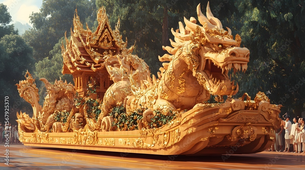 Fototapeta premium Ornate Buddhist Dragon Sculpture in Vibrant Festival Parade