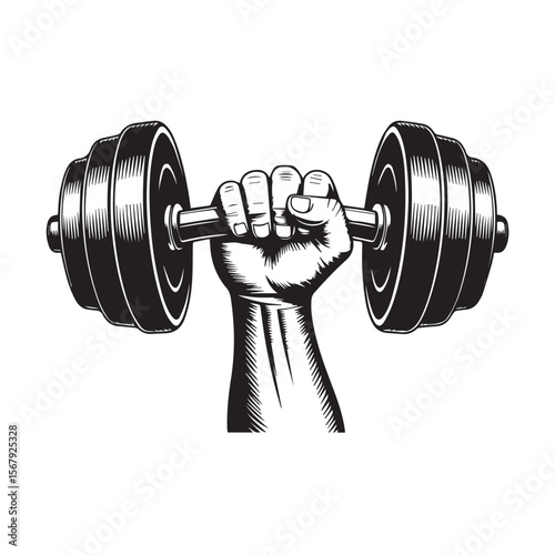 A strong hand grips a heavy dumbbell, isolated on white background