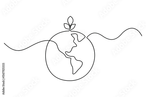 Continuous single line drawing of Earth with plant sprout symbol for sustainability and growth
