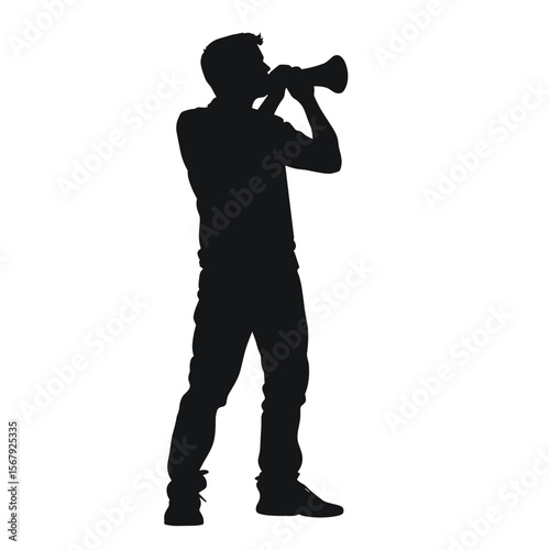 Silhouette of a man shouting with a megaphone, expression of activism, communication in society