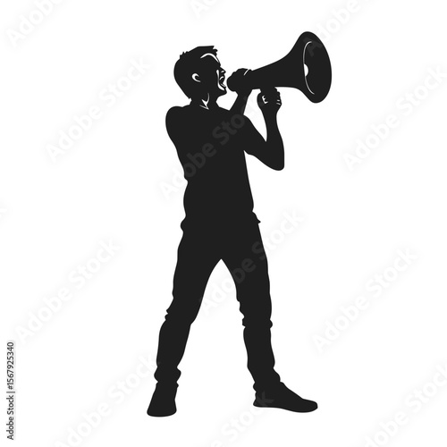 Silhouette of a young man shouting into a megaphone, expression of activism and communication
