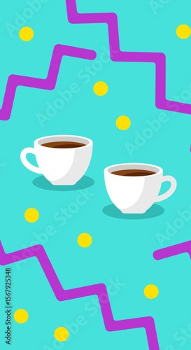 Two white coffee cups on a turquoise background with colorful zigzag patterns and dots, cheerful design, copy space