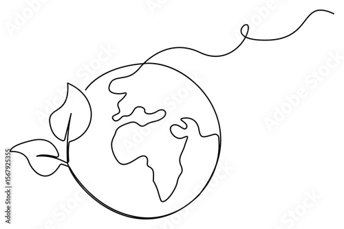 Continuous single line drawing of Earth with plant sprout symbol for sustainability and growth
