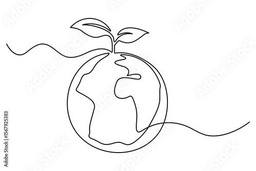 Continuous single line drawing of Earth with plant sprout symbol for sustainability and growth
