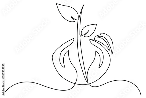 Continuous single line drawing of Earth with plant sprout symbol for sustainability and growth
