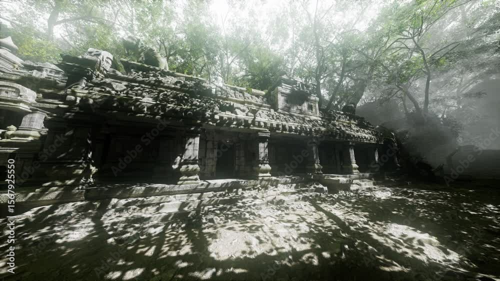 Mysterious temple ruins nestled in dense Cambodian jungle, bathed in dawn light, surrounded by towering trees and intricate stone carvings, inviting exploration and awe.