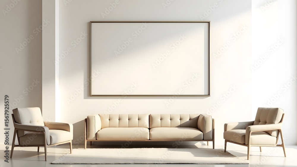 Fototapeta premium Minimalist living room interior with two armchairs, and a large blank frame on a plain white wall.