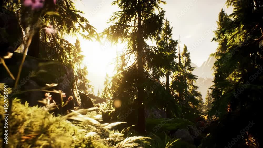 Sunlight filters through tall forest trees illuminating vibrant green ground and distant mountains