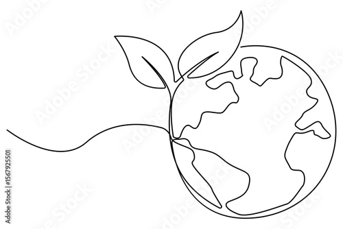Continuous single line drawing of Earth with plant sprout symbol for sustainability and growth

