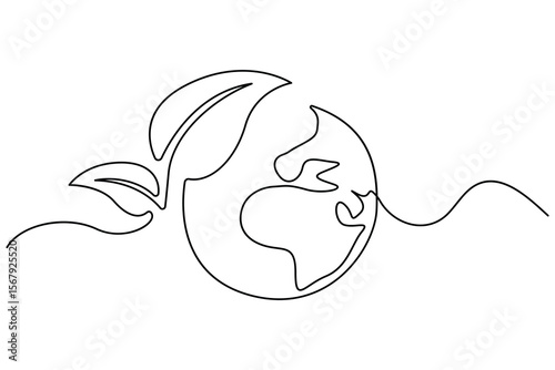 Continuous single line drawing of Earth with plant sprout symbol for sustainability and growth

