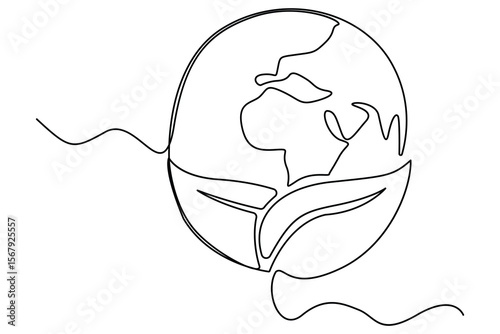 Continuous single line drawing of Earth with plant sprout symbol for sustainability and growth
