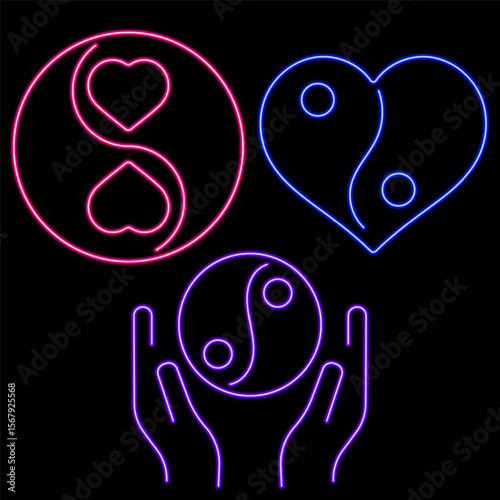 yin yang neon icon group, vector illustration on black background.