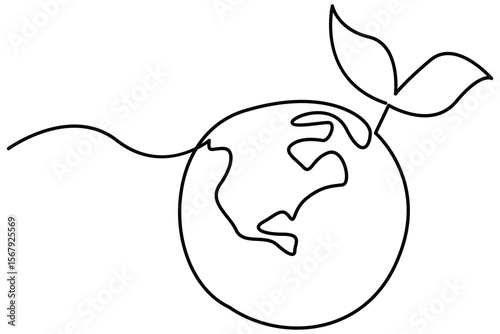Continuous single line drawing of Earth with plant sprout symbol for sustainability and growth
