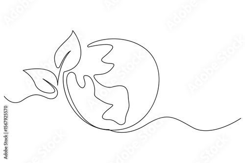 Continuous single line drawing of Earth with plant sprout symbol for sustainability and growth
