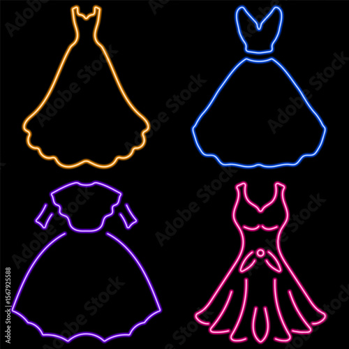 wedding dress group of neon icons, vector illustration on black background.