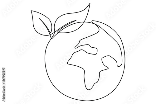 Continuous single line drawing of Earth with plant sprout symbol for sustainability and growth
