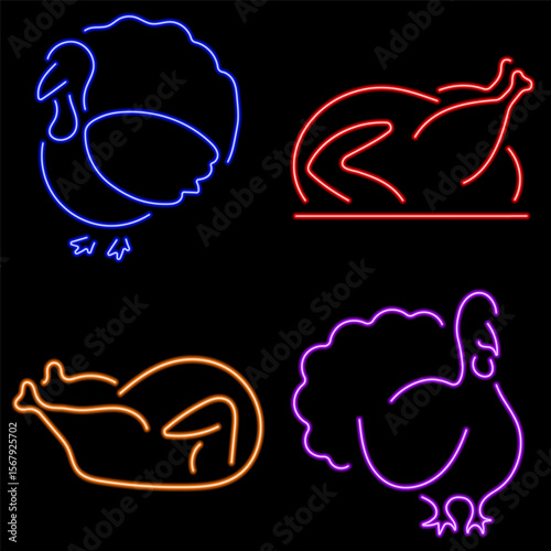 thanksgiving day neon icon group, vector illustration on black background.