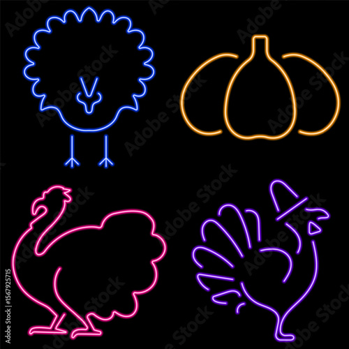 thanksgiving day neon icon group, vector illustration on black background.