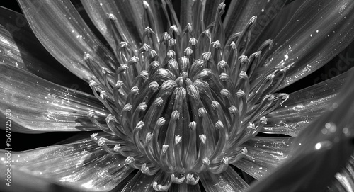 Close up black and white image showcasing the intricate details of a blooming flower blossom center