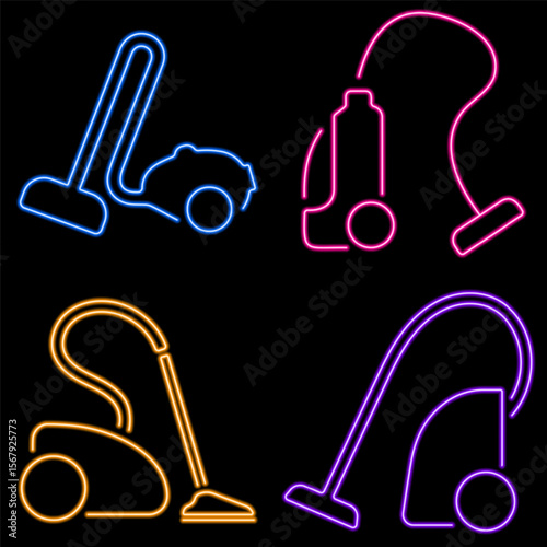 vacuum cleaner neon icon group, vector illustration on black background.
