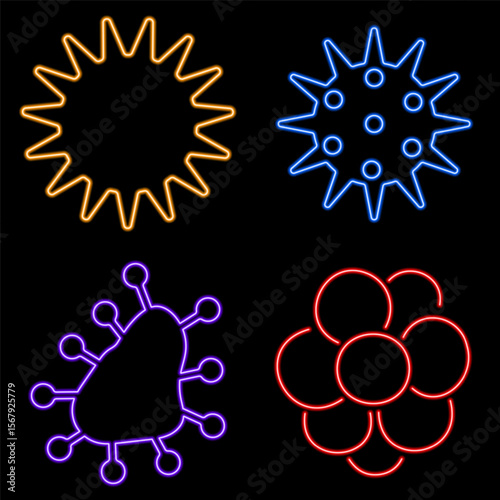 virus neon icon group, vector illustration on black background.