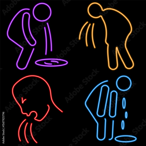 vomit neon icon group, vector illustration on black background.