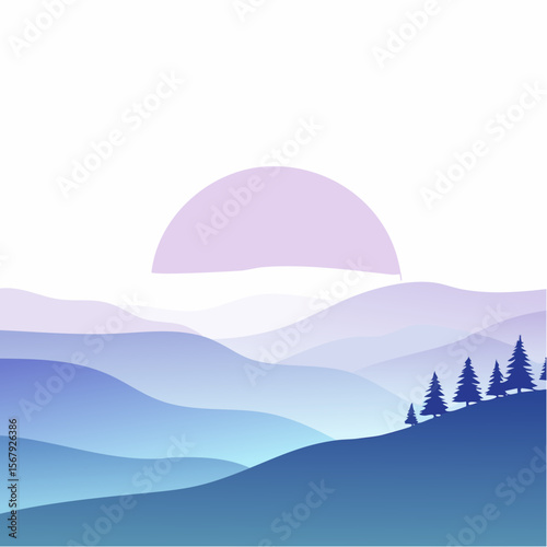 A serene landscape illustration with layered mountains, a rising sun, and scattered evergreen trees.