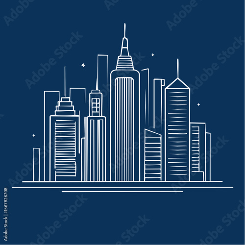Urban Skyline Illustration, City Architecture, Modern Buildings, Night View, Digital Art, Graphic Design
