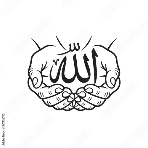 Hands holding the word allah in beautiful arabic calligraphy, isolated on white background