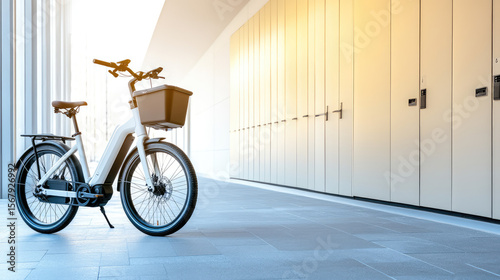 Electric bicycle with a front basket is parked in a modern, sunlit corridor. Urban mobility and sustainable transport